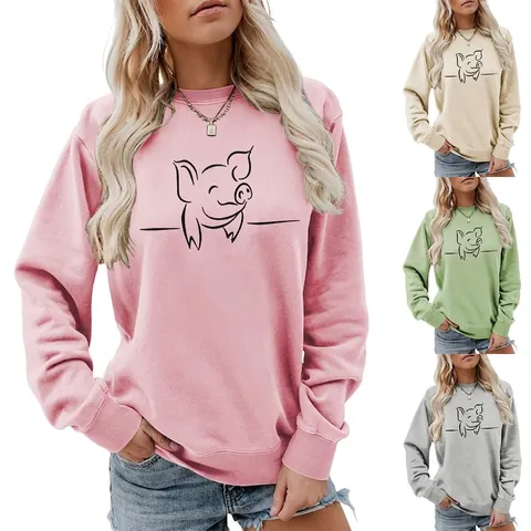 Damen Casual Baumwollmischung Rundhalsausschnitt Sweatshirt Süße Schwein Strichzeichnung Druck Langarm Lockerer Pullover Mode Top