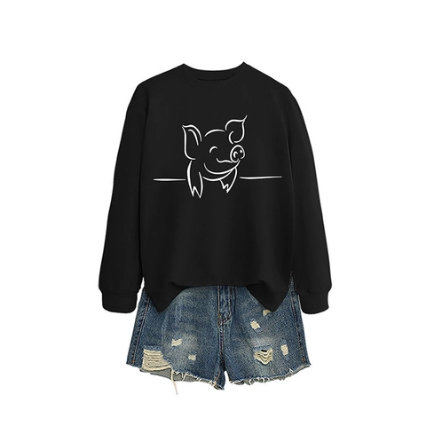 Damen Casual Baumwollmischung Rundhalsausschnitt Sweatshirt Süße Schwein Strichzeichnung Druck Langarm Lockerer Pullover Mode Top
