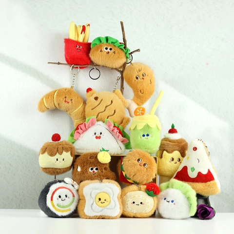 Cute Simulation Food Plush Keychain For Women Bag Charm Soft Burger Fries Sushi Bread Croissant Pizza Plush Toy Keychain