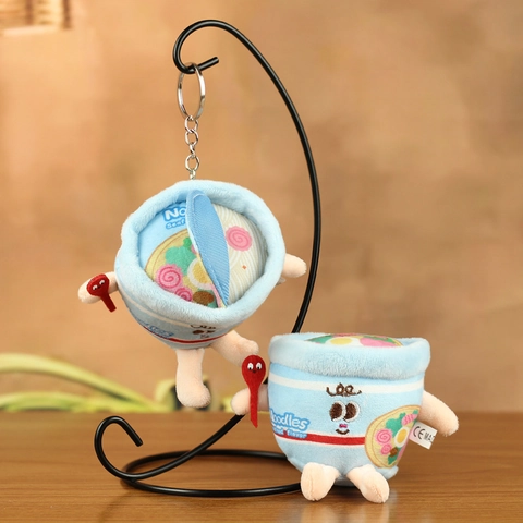 Creative Light Blue Plush Cup Noodle Keychain Pendant With Red Spoon Cartoon Seafood Flavor Soft Stuffed Toy Bag Ornament