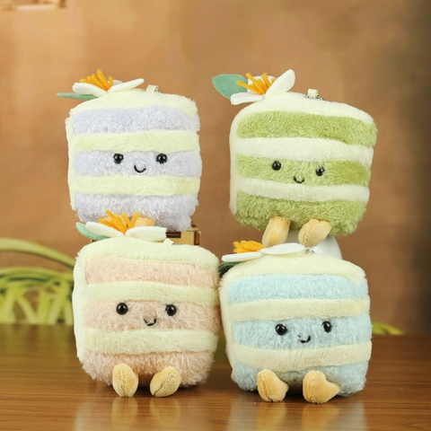 Cute Simulation Cake Plush Toy Keychain Striped Dessert Pendant With Flower Smile Face For Bag Decoration Women Kids Gift
