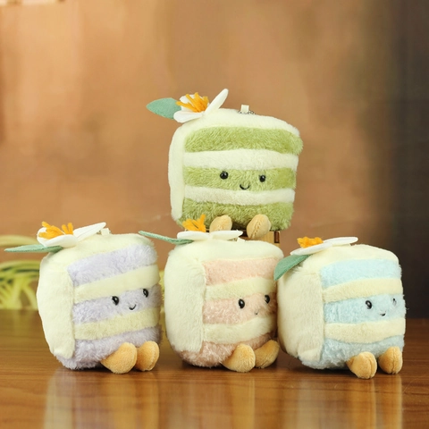 Cute Simulation Cake Plush Toy Keychain Striped Dessert Pendant With Flower Smile Face For Bag Decoration Women Kids Gift