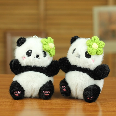 Süßer Panda Plüsch Schlüsselanhänger Mit Grüner Blume Weiches Stofftier Puppe Taschenanhänger Zubehör Für Rucksack Damen Geschenk