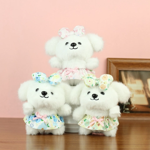 Cute White Plush Dog Pendant With Floral Skirt And Bow Cartoon Stuffed Puppy Toy For Backpack Bag Hanging Decor Gift