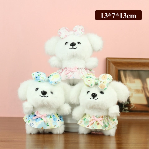Cute White Plush Dog Pendant With Floral Skirt And Bow Cartoon Stuffed Puppy Toy For Backpack Bag Hanging Decor Gift
