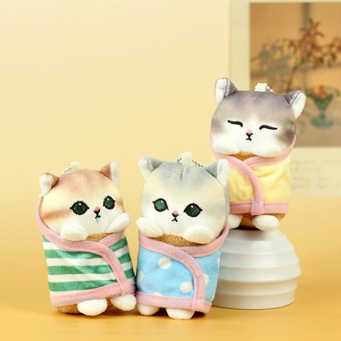 Cute Plush Cat Keychain Pendant Soft Stuffed Animal Doll Wrapped In Blanket Shark Cat For Bag Decor Kids Gift Jewelry