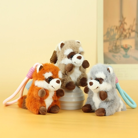 Cute Raccoon Plush Keychain Fluffy Red Panda Bag Charm With Braided Rope Stuffed Animal Doll For Backpack Decoration Gift