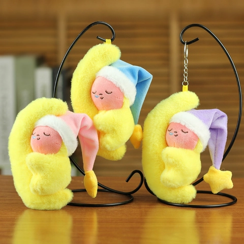 Porte-clés Créatif en Peluche Bébé qui Dort sur la Lune Poupée Douce avec Chapeau Étoile Pendentif de Sac pour Enfants Filles