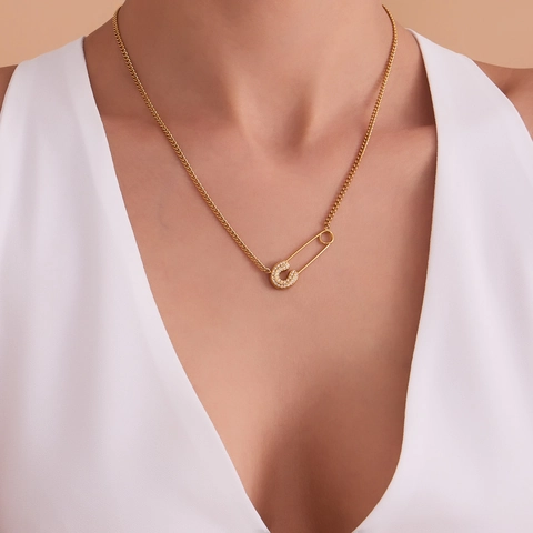 Collana con Ciondolo a Spilla da Balia in Acciaio Inossidabile e Zirconia per Donna Oro Argento Stella Cuore Gioielli