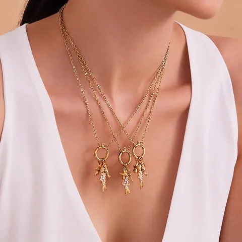 Collana Ciondolo Tema Marino Placcata Oro 18K Acciaio Inossidabile Smalto Pesce Cavalluccio Marino Stella Marina Bohemien