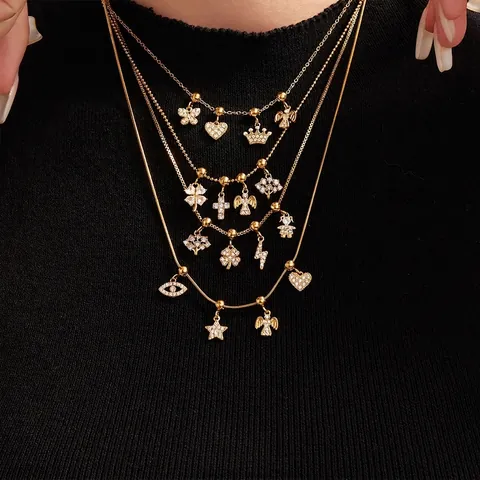 Stainless Steel Necklace Pendant DIY Zircon Heart Cross Evil Eye Adjustable Layered Jewelry For Women Fashion Boho Style