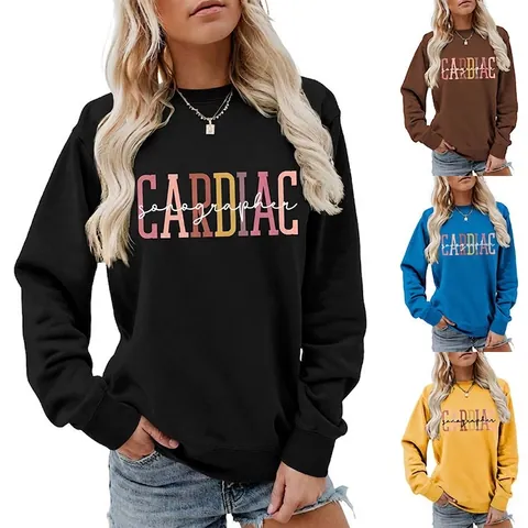 Women Cardiac Sonographer Sweatshirt Casual Round Neck Long Sleeve Pullover Professional Letter Print Cotton Blend Loose Fit