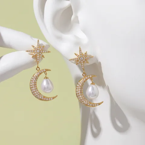 Star Moon Pendant Necklace And Earrings Jewelry Stainless Steel Zircon Imitation Artificial Pearl Elegant Dainty Fashion Accessories Women