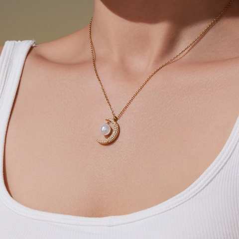 Star Moon Pendant Necklace And Earrings Jewelry Stainless Steel Zircon Imitation Artificial Pearl Elegant Dainty Fashion Accessories Women