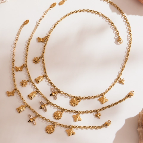 Roestvrij Staal Bij Zonnebloem Vlinder Multi Hanger Sieraden Ketting Armband Enkelbandje Collectie Voor Vrouwen Goud Zilver Zirkonia