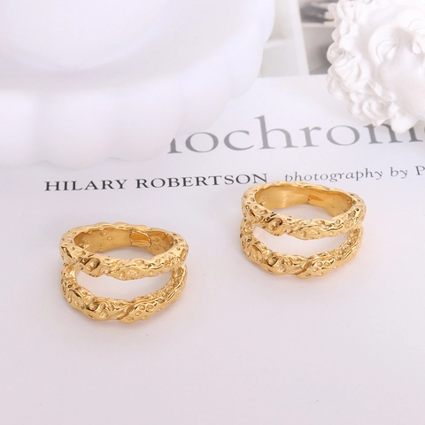 Bague Double Couche Texture Lave Martelée Plaqué Or 18K Acier Titane Rétro Style Ins Bijoux Pour Femmes