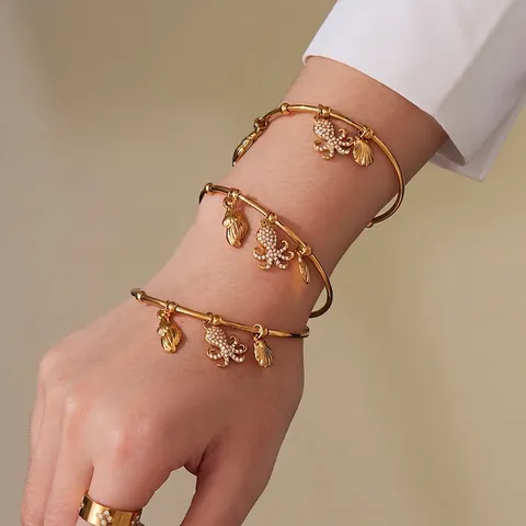 Nautical Ocean Stainless Steel Bangle Bracelet CZ Pave Octopus Shell Charms Chic Beach Jewelry Women