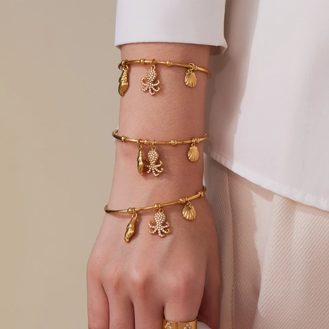 Nautischer Ozean Edelstahl Armreif Armband Zirkonia Oktopus Muschel Anhänger Schicker Strand Schmuck Damen