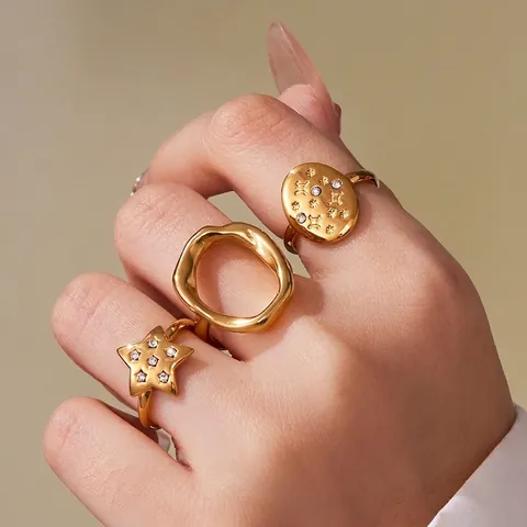 Star Geometric Open Ring Stainless Steel Gold Plated Zircon Irregular Adjustable Finger Jewelry For Women Modern Style