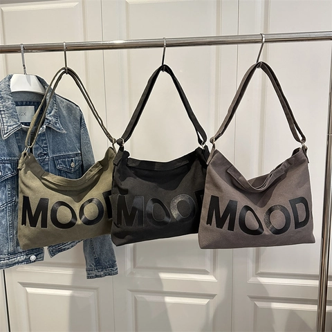 Borsa a Tracolla in Tela Unisex di Grande Capacità Stampa Lettera MOOD Casual Messenger Bag Borsa Crossbody di Moda Minimalista