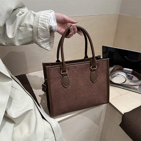 Damen Shopper Tasche Mit Kleeblatt Prägung Wildleder Optik Handtasche Umhängetasche Mit Verstellbarem Riemen Retro
