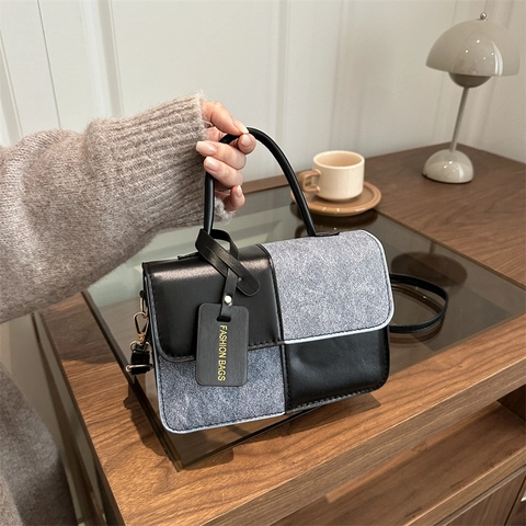 Bolso Bandolera de Patchwork de Color en Contraste para Mujer Moda de Cuero PU y Tela Bolso de Mano Pequeño Cuadrado