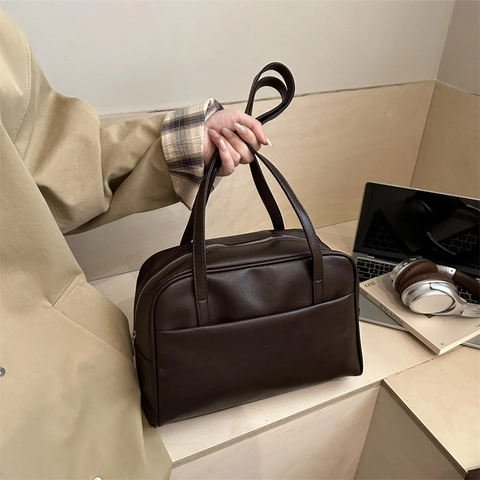 Bolso de Hombro Minimalista de Cuero PU para Mujer Gran Capacidad Color Sólido Retro Bolso Tote para Oficina Diario