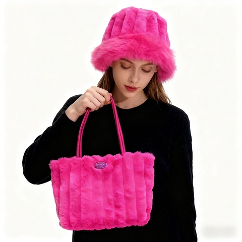 Faux Fur Tote Bag Und Fischerhut Set Winter Warm Dick Plüsch Vertikale Gestreifte Textur Damen Zubehör