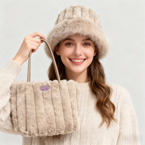 Women Winter Warm Plush Tote Bag And Fisherman Hat Set Thickened Casual Fuzzy Handbag And Bucket Hat