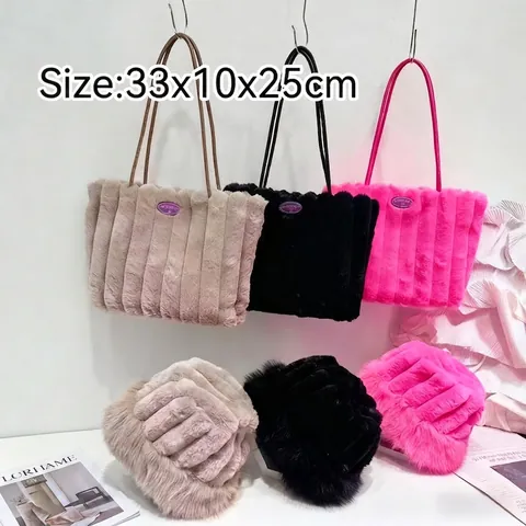 Herbst Winter Kunstfell Tote Tasche Lässig Große Kapazität Plüsch Umhängetasche Gestreifte Flauschige Handtasche Für Damen