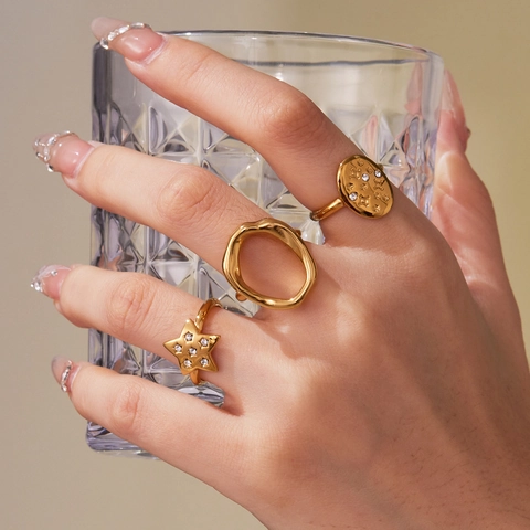 Star Geometric Open Ring Stainless Steel Gold Plated Zircon Irregular Adjustable Finger Jewelry For Women Modern Style