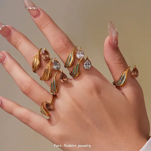 Anello Aperto Con Zircone A Goccia D'Acqua Acciaio Inossidabile Smalto A Goccia Ala Piuma Geometrico Minimalista Regolabile Donna