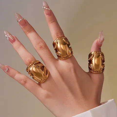 Vintage Chunky Dome Ring Gold Plated Stainless Steel Hollow Out Statement Band For Women Fashion Jewelry