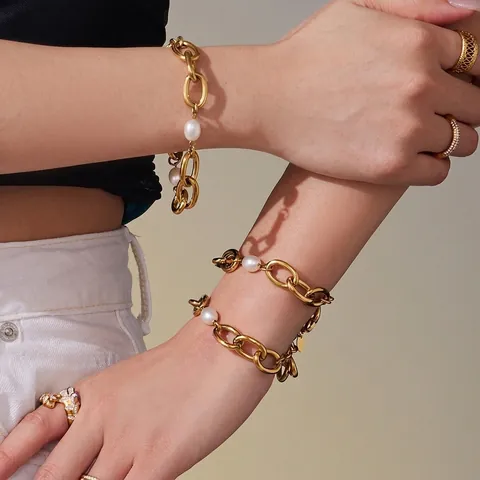 Chunky Chain Bracelet Stainless Steel 18K Gold Plated With White Shell Beads Elegant Jewelry For Women