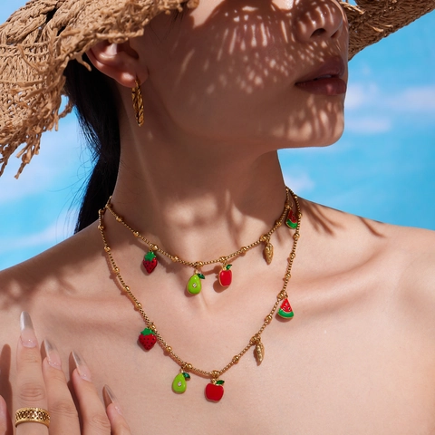 Stainless Steel Fruit Jewelry Collection Women Zirconia Strawberry Watermelon Apple Pear Drip Oil Necklace Bracelet Anklet
