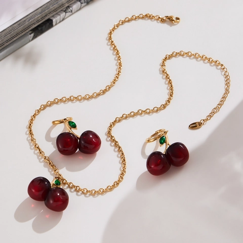 Fashion Stainless Steel Cherry Jewelry Set For Women Red Resin Fruit Pendant Necklace And Zircon Leaf Earrings Girly Accessory