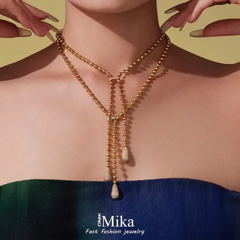 18K Vergoldeter Edelstahl Halskette Und Ohrringe Für Damen Mit CZ Zirkonia Wassertropfen Anhänger Y-Form Perlenkette