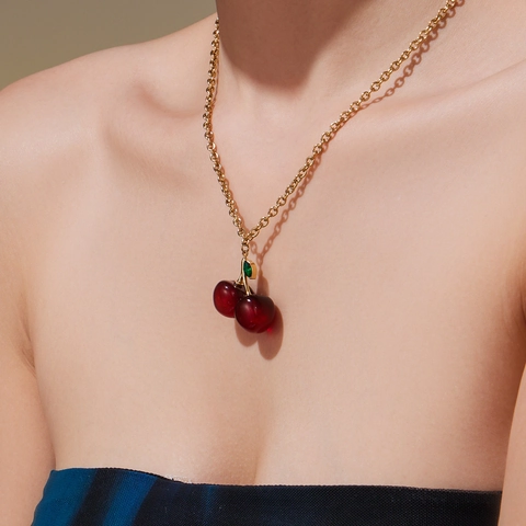 Fashion Stainless Steel Cherry Jewelry Set For Women Red Resin Fruit Pendant Necklace And Zircon Leaf Earrings Girly Accessory