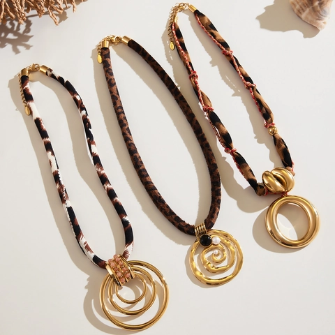 Collana Foulard In Raso Con Stampa Leopardata Ciondolo Geometrico Cuore Stella Acciaio Inossidabile Gioielli Moda Boemia