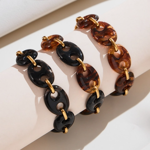 Resin Stainless Steel Pig Nose Chain Bracelet Gold Plated Vintage Coffee Bean Link Jewelry For Women