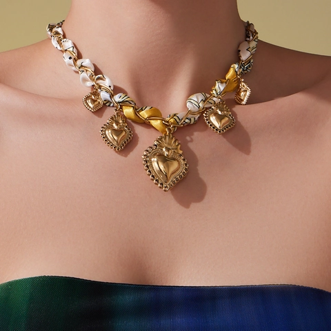 Set Gioielli Cuore Acciaio Inossidabile Donna Vintage Bohemian Sciarpa Seta Avvolto Collana Bracciale Pietra Naturale