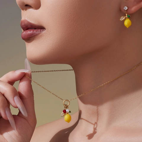 Stainless Steel Lemon Jewelry Set Yellow Resin Fruit Zircon Imitation Artificial Pearl Necklace Earrings Bracelet Ring For Women