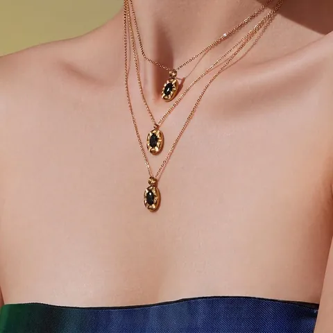 Collar Con Colgante Ovalado Geométrico De Acero Inoxidable Con Circón Negro Joyería Vintage Bañada En Oro Resistente Al Deslustre