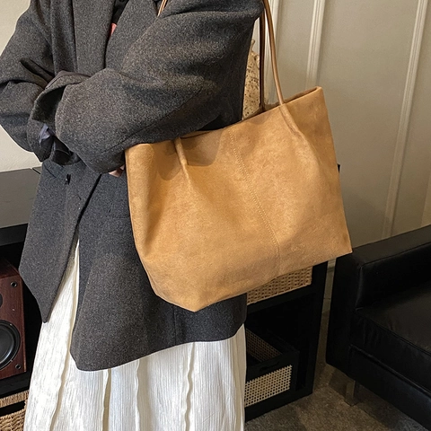 Women Large Capacity Suede PU Leather Tote Bag Minimalist Solid Color Shoulder Bag Retro Daily Shopping Commuter Handbag