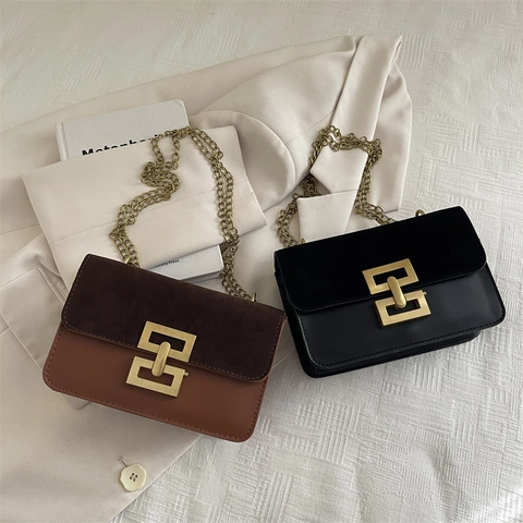 Borsa A Tracolla Da Donna Colori A Contrasto Scamosciato Pelle Patchwork Catena Metallo Retro Borsa Quadrata