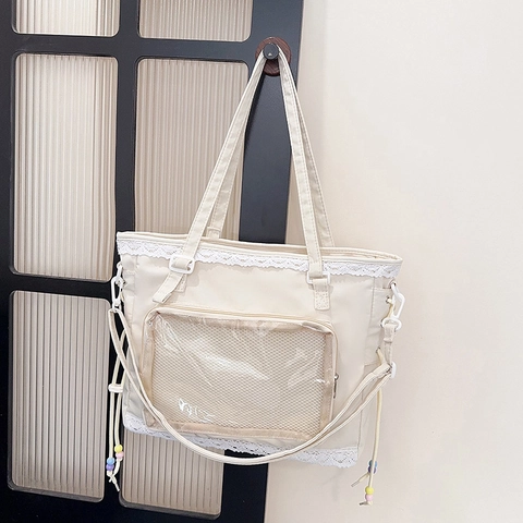 Women Japanese Sweet Style Nylon Ita Bag With Lace Trim Transparent PVC Window Large Capacity Ita Tote Bag Shoulder Bag