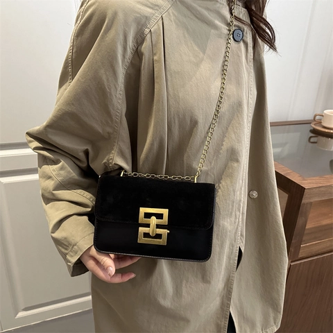 Women Retro Suede Patchwork Chain Crossbody Bag Fashion Solid Color Small Square Bag With Geometric Lock Shoulder Bag