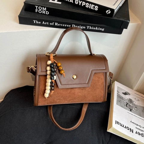 Bolso de Mano Vintage de Cuero PU con Estampado de Leopardo y Colgante de Perlas de Madera Bolso de Hombro Cuadrado para Mujer