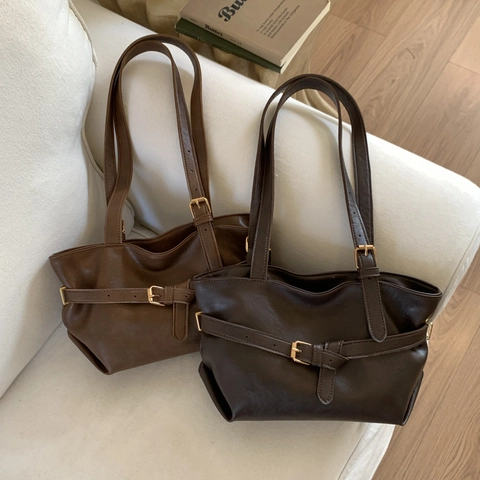Slouchy Tote Bag Damen PU Leder Große Kapazität Schultertasche Mit Gürtelschnalle Dekor Retro Unterachselhandtasche