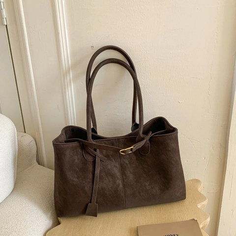 Women Retro Frosted PU Leather Tote Bag Large Capacity Shoulder Underarm Handbag Minimalist Vintage Style